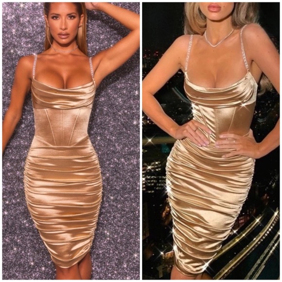 Oh Polly Embellish The Moment Ruched Satin Metallic Knee Length Dress in Gold - Picture 2 of 15